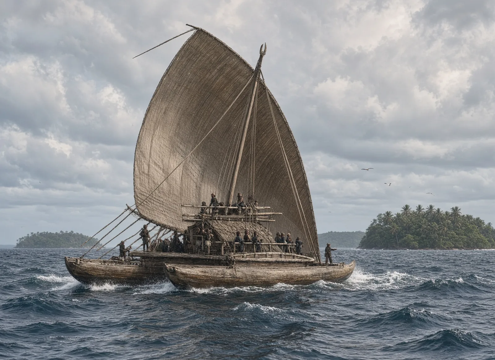 Enhanced: A Fijian double canoe under sail near low islands — 19th-century engraving