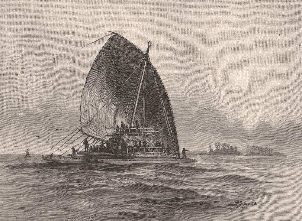 Original: A Fijian double canoe under sail near low islands — 19th-century engraving