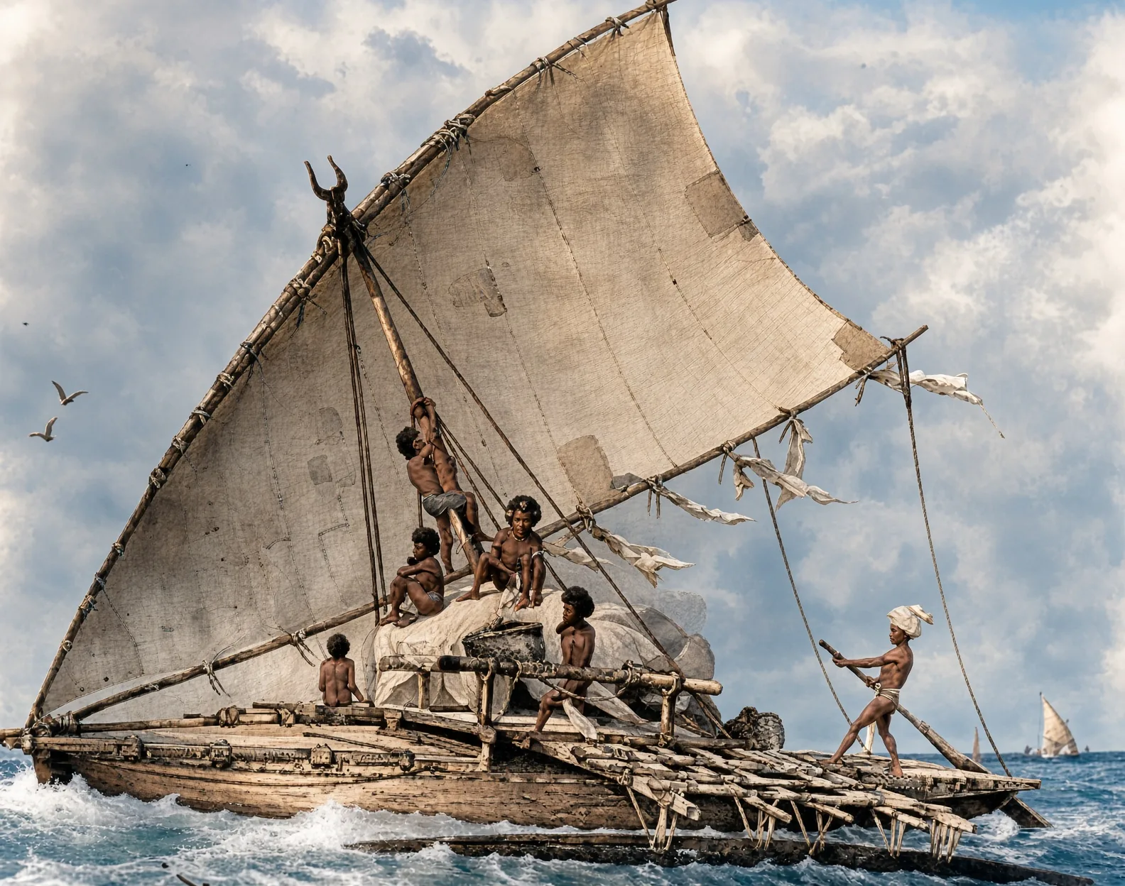 Enhanced: Fijian sailing canoe with its crew — 19th-century lithograph