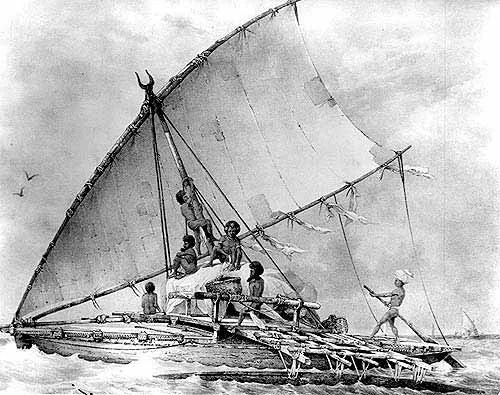 Original: Fijian sailing canoe with its crew — 19th-century lithograph