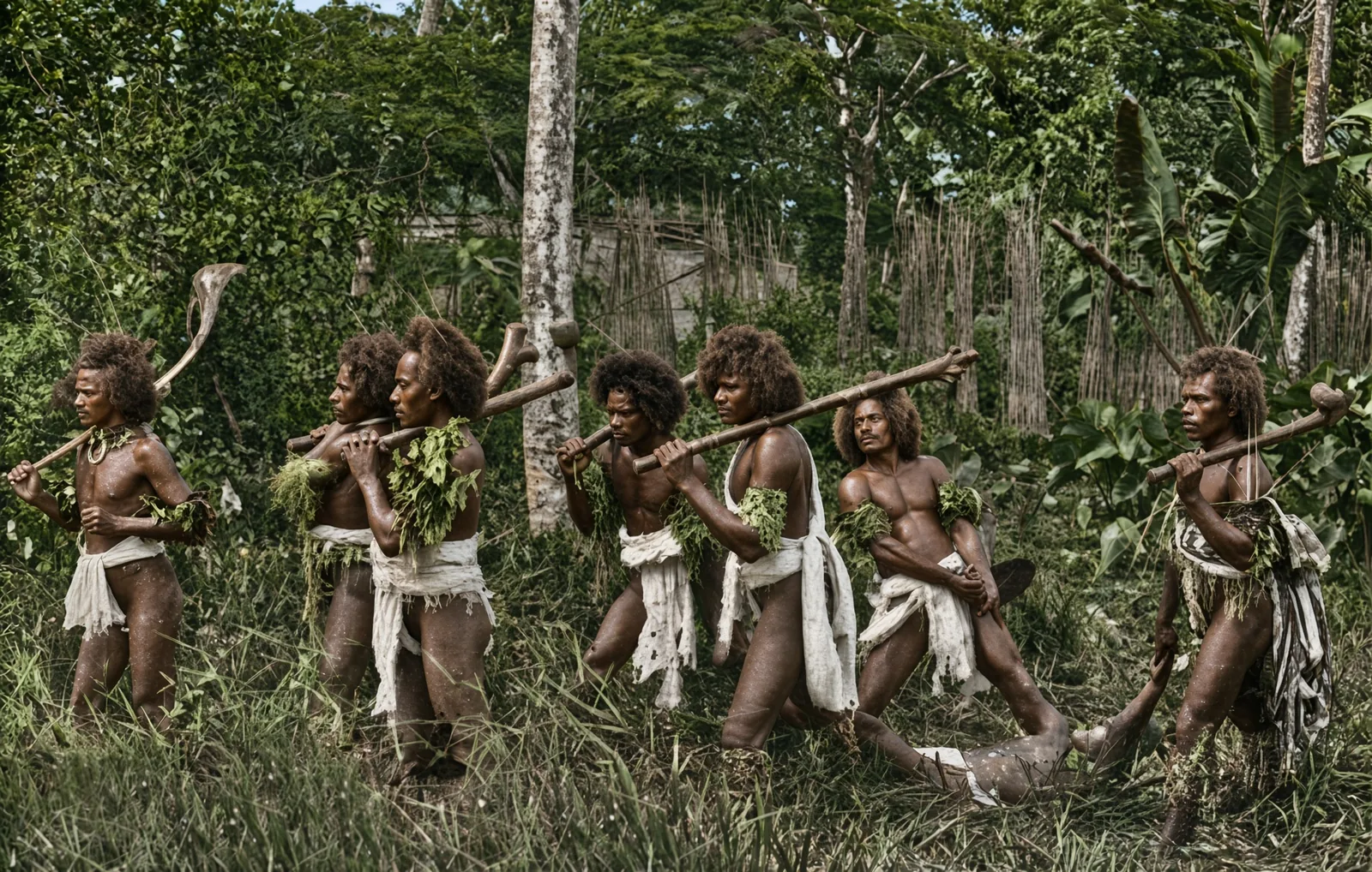 Enhanced: Men carrying clubs, with a figure lying in the grass — early photograph, probably a staged scene (awaiting cultural review)